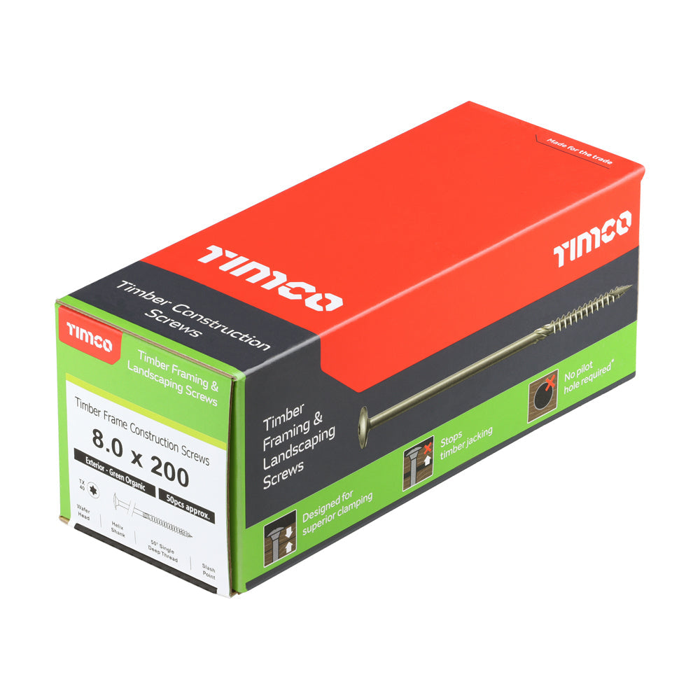 This is an image of Timco - Timber Frame Construction & Landscaping Screws - Wafer - Exterior - Green Organic 8.0 x 200mm - (50 PCS Box) 200INW