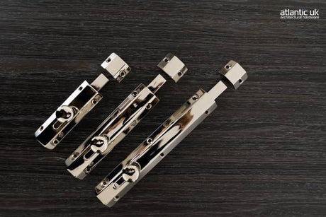 Quality image of Atlantic Solid Brass Surface Door Bolt 8" - Polished Nickel | Sku. asb8pn | available from Trade Door Handles.