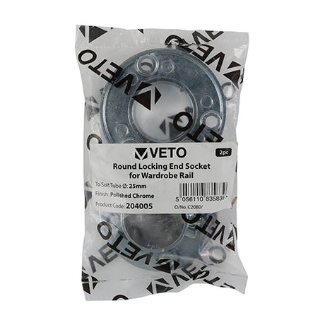 This is an image of Timco - Locking End Socket - For Round Tube - Polished Chrome 25mm (2 Pieces Bag) 204005