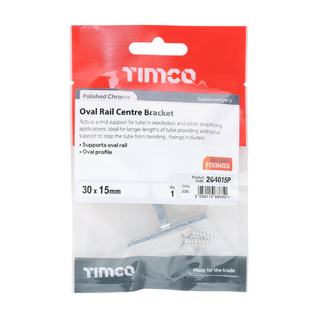 This is an image of Timco - Centre Bracket - For Oval Tube - Polished Chrome 30 x 15 (1 Each TIMpac) 204015P