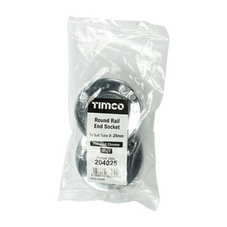 This is an image of Timco - End Socket - For Round Tube - Polished Chrome 25mm (2 Pieces Bag) 204025