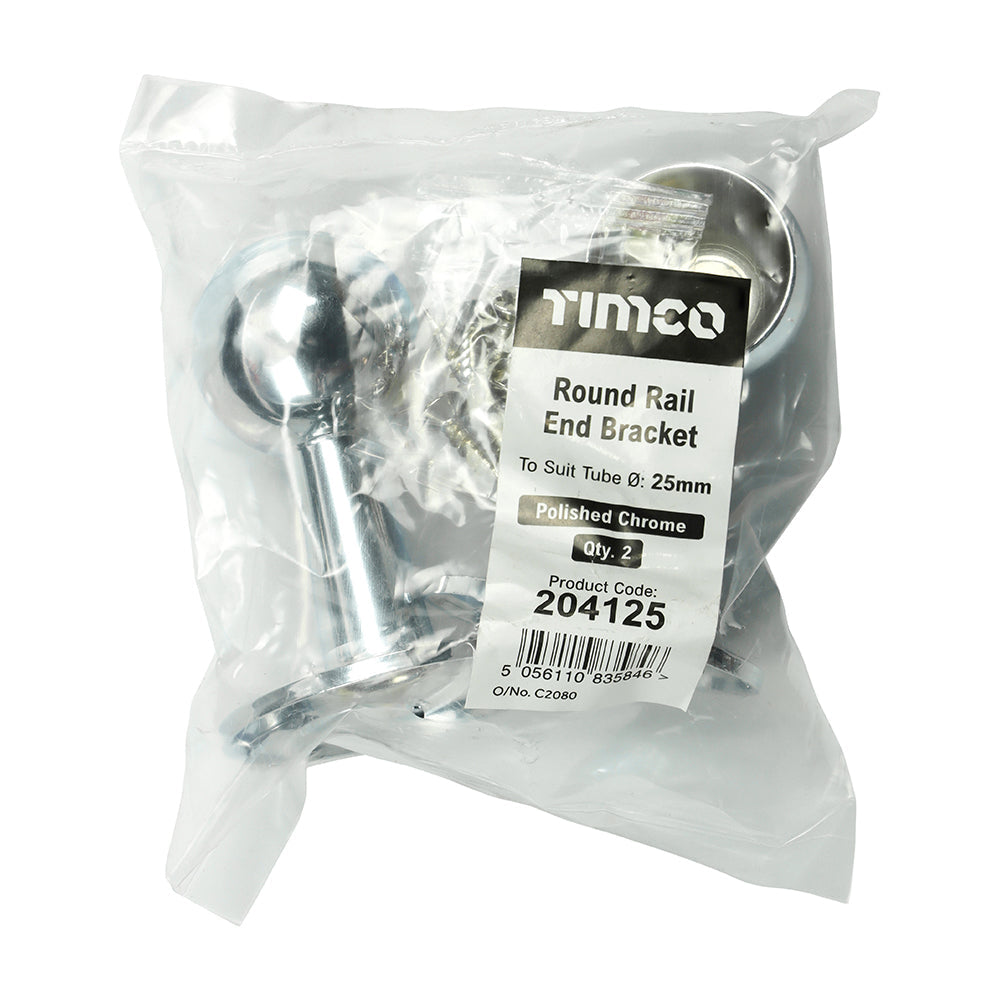 This is an image of Timco - End Bracket - For Round Tube - Polished Chrome 25mm (2 Pieces Bag) 204125