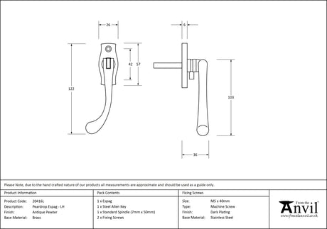 From The Anvil - Antique Pewter Peardrop Espag - LH | Sku. 20416L | Trade Door Handles.