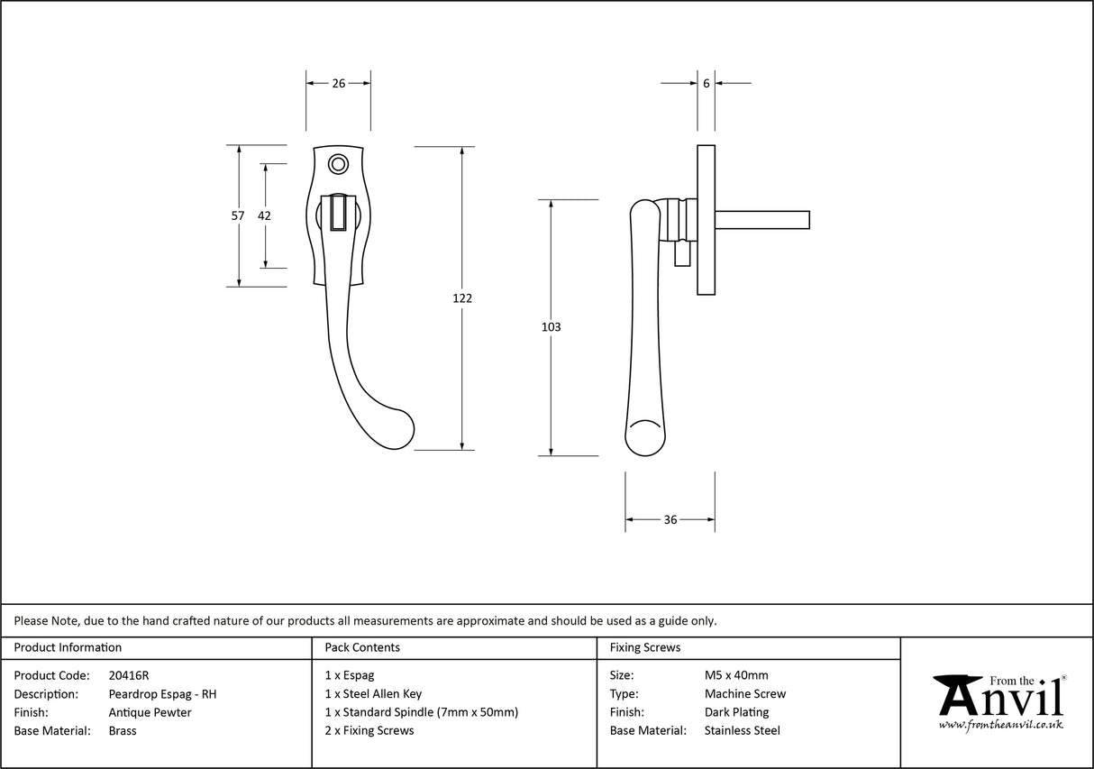 From The Anvil - Antique Pewter Peardrop Espag - RH | Sku. 20416R | Trade Door Handles.