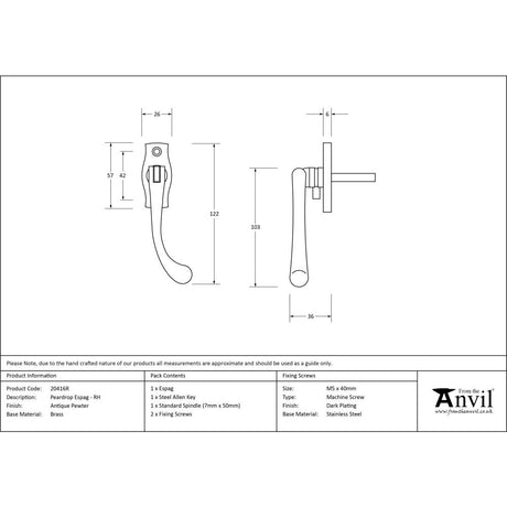 From The Anvil - Antique Pewter Peardrop Espag - RH | Sku. 20416R | Trade Door Handles.