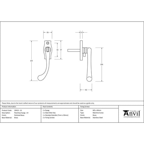 From The Anvil - Polished Brass Peardrop Espag - LH | Sku. 20419L | Trade Door Handles.