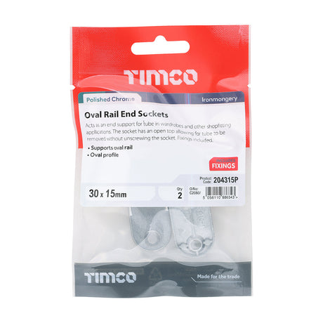 This is an image of Timco - End Sockets - For Oval Tube - Polished Chrome 30 x 15 (2 Pieces TIMpac) 204315P