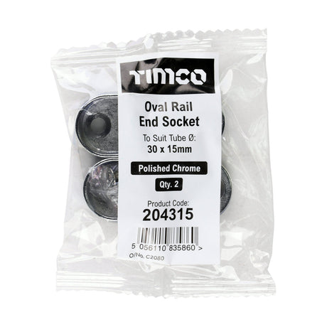 This is an image of Timco - End Socket - For Oval Tube - Polished Chrome 30 x 15 (2 Pieces Bag) 204315