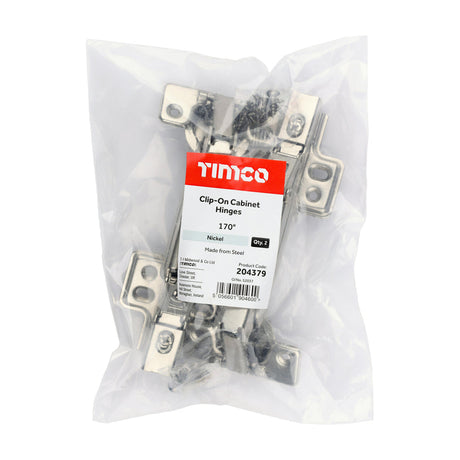 This is an image of Timco - Clip-On Cabinet Hinges - Nickel 170 Degree (1 Pairs Bag) 204379