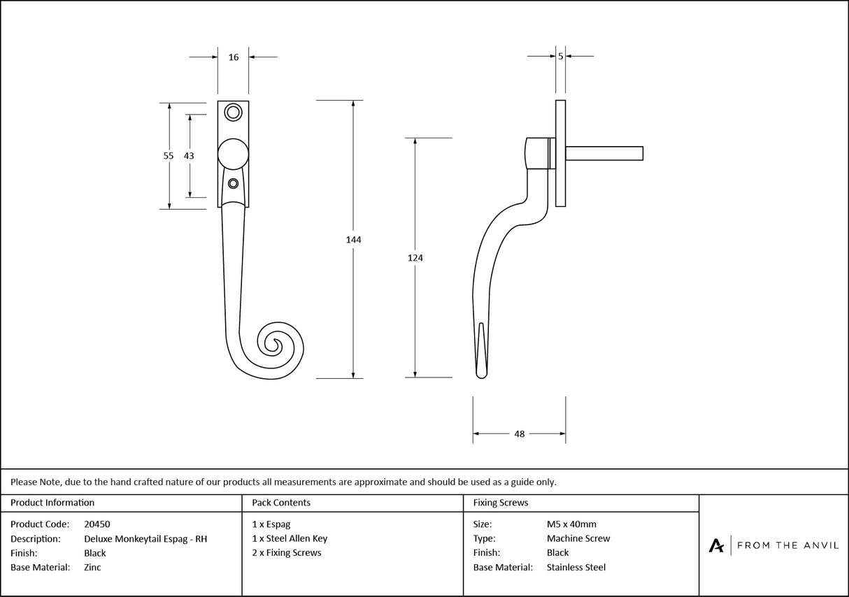 From The Anvil - Black Deluxe Monkeytail Espag - RH | Sku. 20450 | Trade Door Handles.