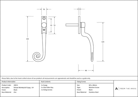 From The Anvil - Black Deluxe Monkeytail Espag - LH | Sku. 20451 | Trade Door Handles.