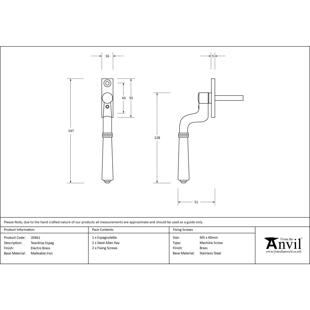 From The Anvil - Electro Brass Teardrop Espag | Sku. 20461 | Trade Door Handles.