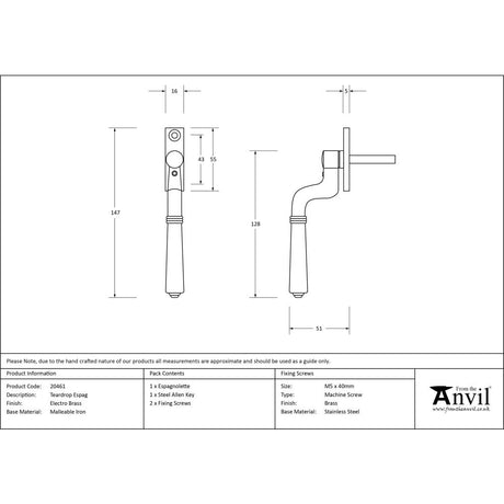 From The Anvil - Electro Brass Teardrop Espag | Sku. 20461 | Trade Door Handles.