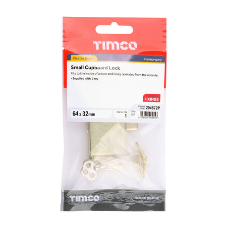 This is an image of Timco - Small Cupboard Lock - Electro Brass 64 x 32 (1 Each TIMpac) 204672P