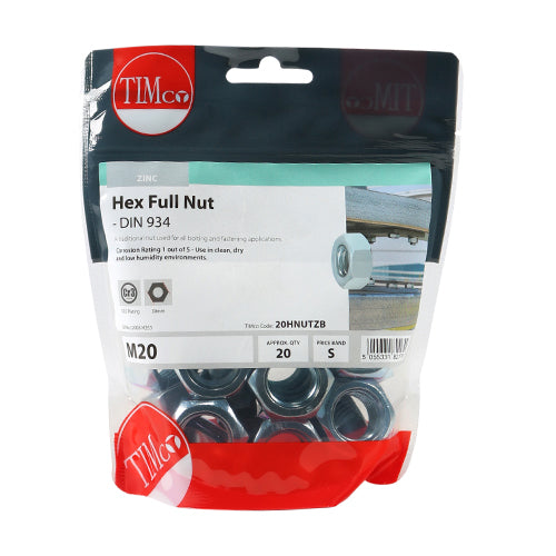 This is an image of Timco - Hex Full Nuts - Zinc M20 - (20 PCS TIMbag) 20HNUTZB