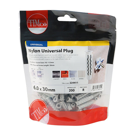 This is an image of Timco - Nylon Universal Plugs 6.0 x 30mm - (200 PCS TIMbag) 224411