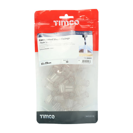 This is an image of Timco - Spacers - For Corrugated Sheet Fixings - Clear 15.0 x 19mm - (50 PCS TIMbag) 224523