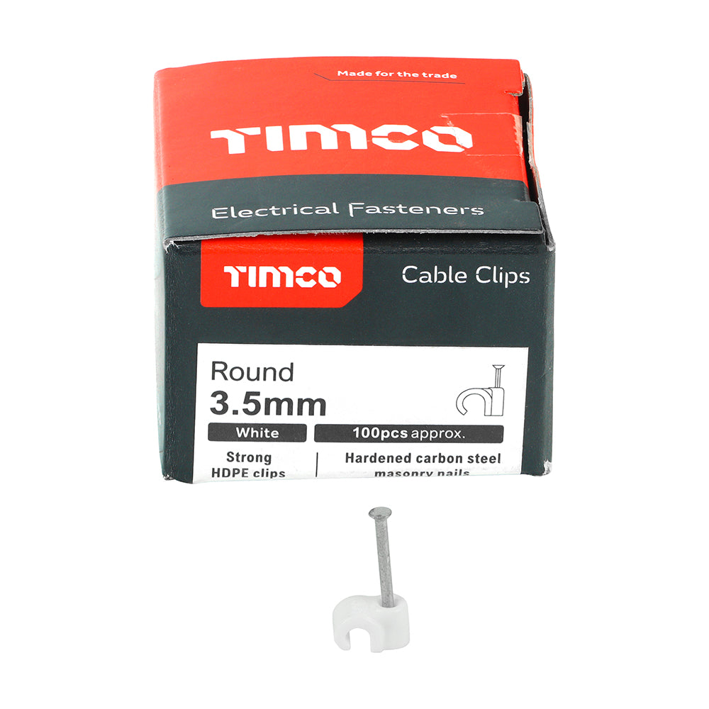 This is an image of Timco - Round Cable Clips - White To fit 3.5mm - (100 PCS Box) 225147