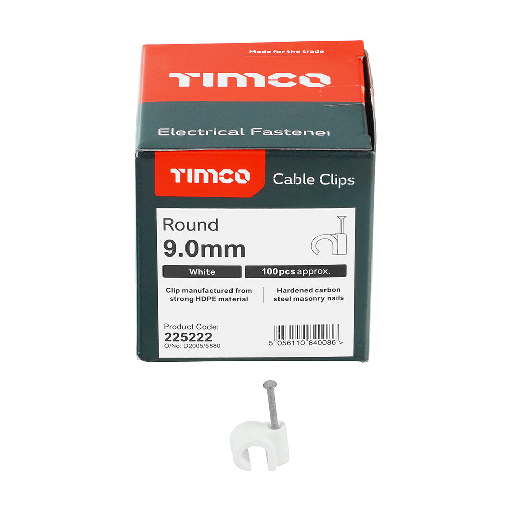 This is an image of Timco - Round Cable Clips - White To fit 9.0mm - (100 PCS Box) 225222