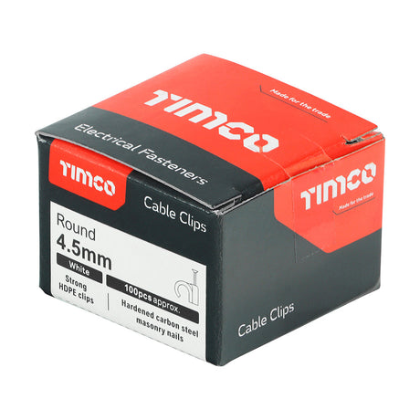 This is an image of Timco - Round Cable Clips - White To fit 4.5mm - (100 PCS Box) 225258