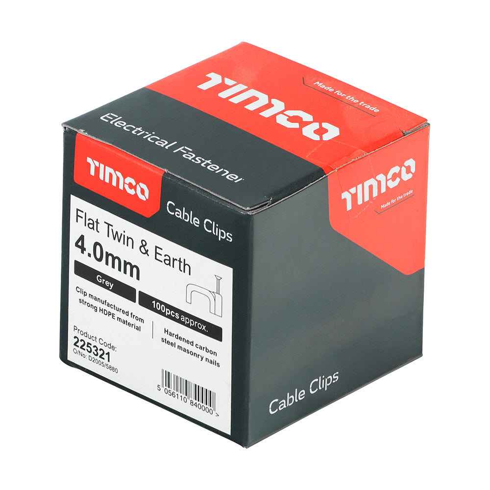 This is an image of Timco - Flat Twin & Earth Cable Clips - Grey To fit 4.0mm - (100 PCS Box) 225321