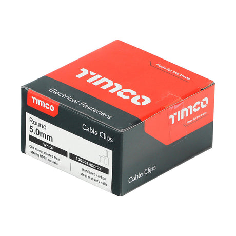 This is an image of Timco - Round Cable Clips - White To fit 5.0mm - (100 PCS Box) 225369