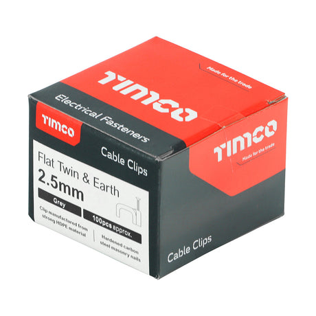 This is an image of Timco - Flat Twin & Earth Cable Clips - Grey To fit 2.5mm - (100 PCS Box) 225654