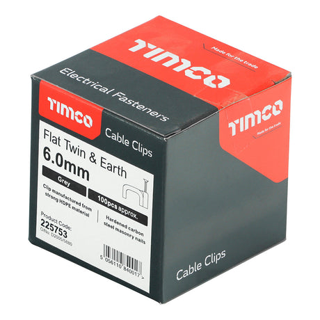 This is an image of Timco - Flat Twin & Earth Cable Clips - Grey To fit 6.0mm - (100 PCS Box) 225753