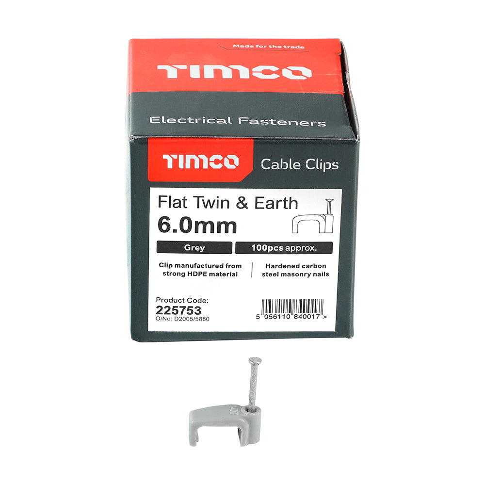 This is an image of Timco - Flat Twin & Earth Cable Clips - Grey To fit 6.0mm - (100 PCS Box) 225753