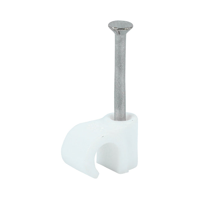 This is an image of Timco - Round Cable Clips - White To fit 6.0mm - (100 PCS Box) 225951