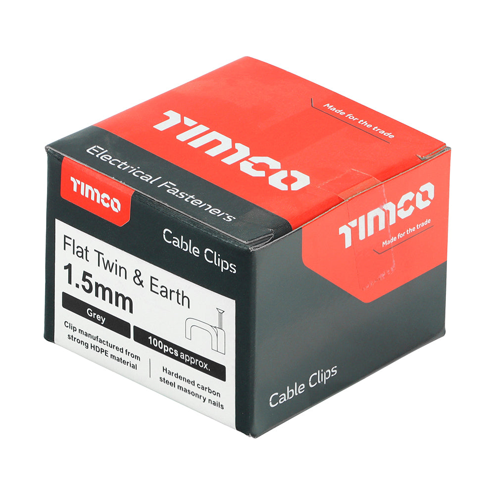 This is an image of Timco - Flat Twin & Earth Cable Clips - Grey To fit 1.5mm - (100 PCS Box) 225987