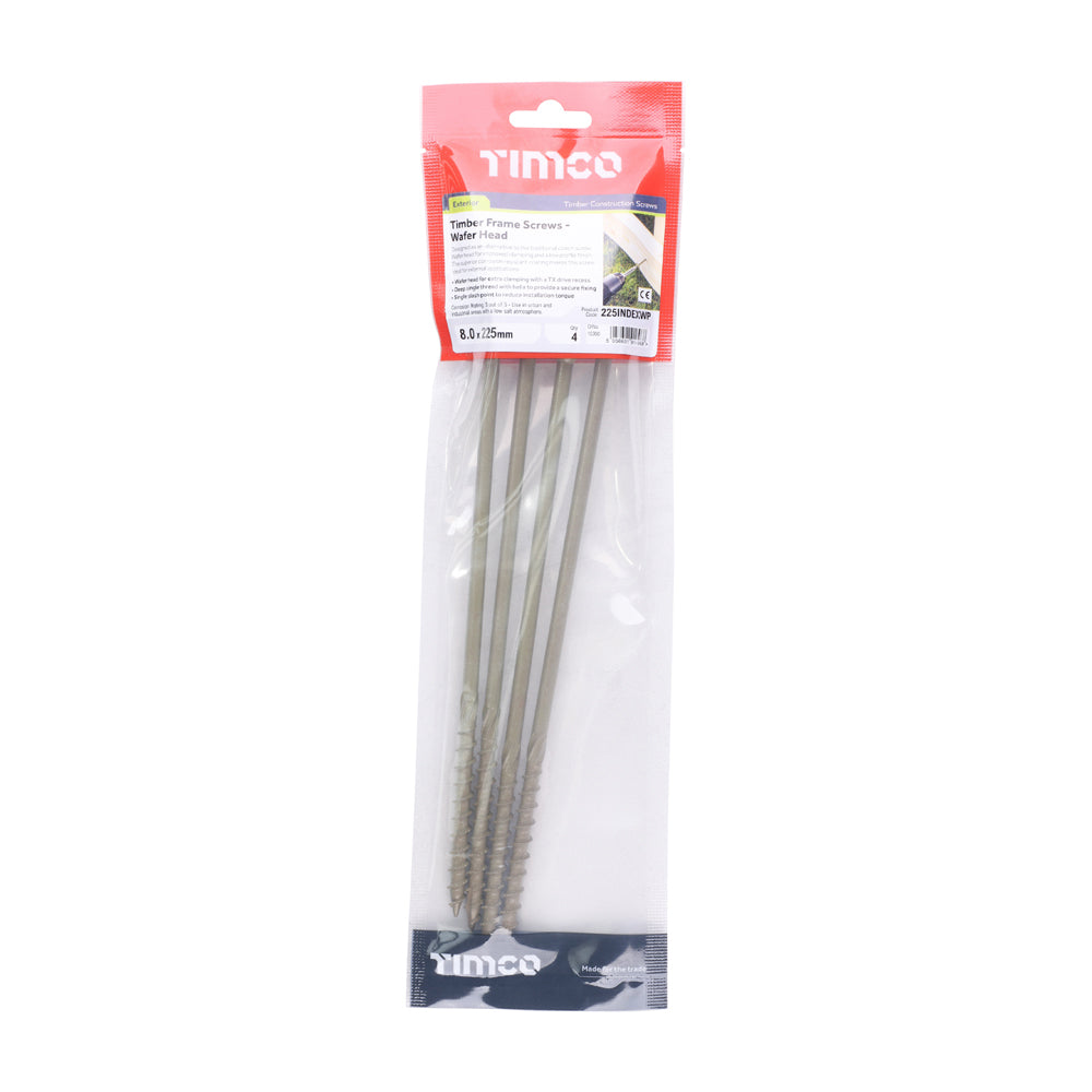 This is an image of Timco - Timber Screws - TX - Wafer - Exterior - Green 8.0 x 225mm - (4 PCS TIMpac) 225INDEXWP
