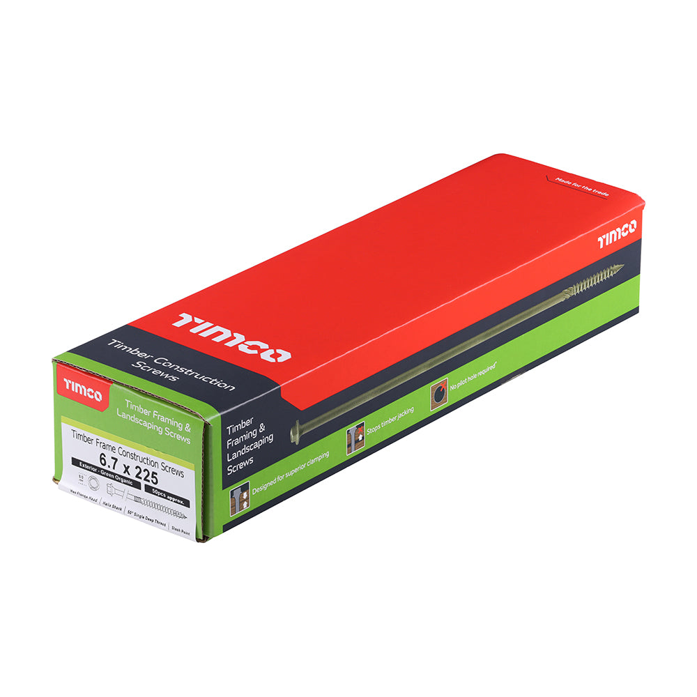 This is an image of Timco - Timber Frame Construction & Landscaping Screws - Hex - Exterior - Green Organic 6.7 x 225mm - (50 PCS Box) 225IN