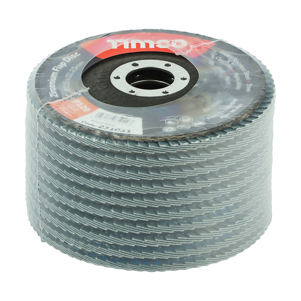 This is an image of Timco - Set of Flap Discs - Zirconium - Type 29 Conical - P120 Grit 115 x 22.23 (10 Pieces Box) 231006