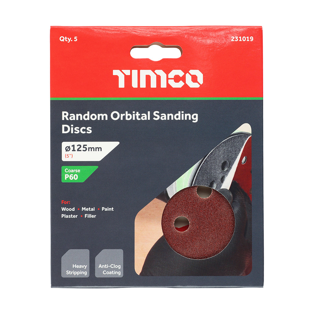 This is an image of Timco - Random Orbital Sanding Discs - 60 Grit - Red 125mm (5 Pieces Pack) 231019