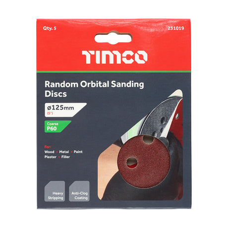 This is an image of Timco - Random Orbital Sanding Discs - 60 Grit - Red 125mm (5 Pieces Pack) 231019