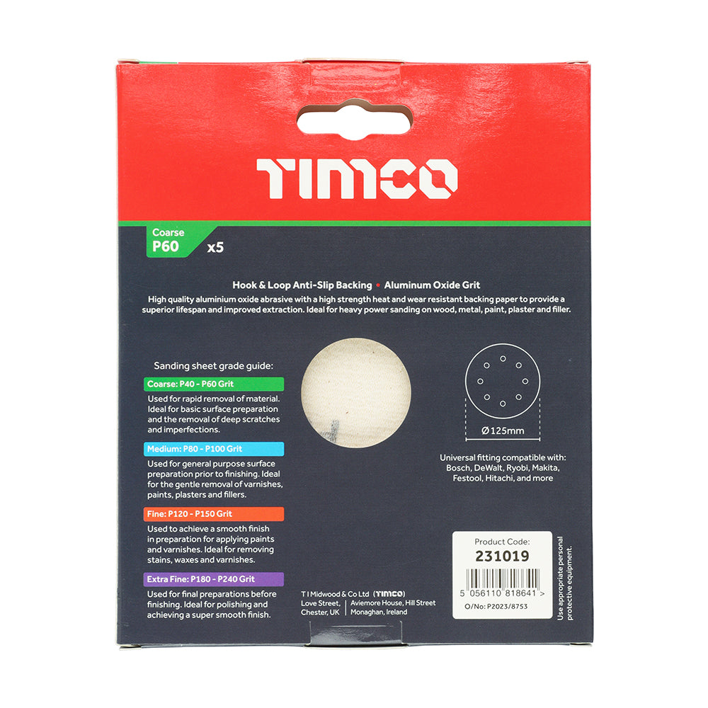 This is an image of Timco - Random Orbital Sanding Discs - 60 Grit - Red 125mm (5 Pieces Pack) 231019