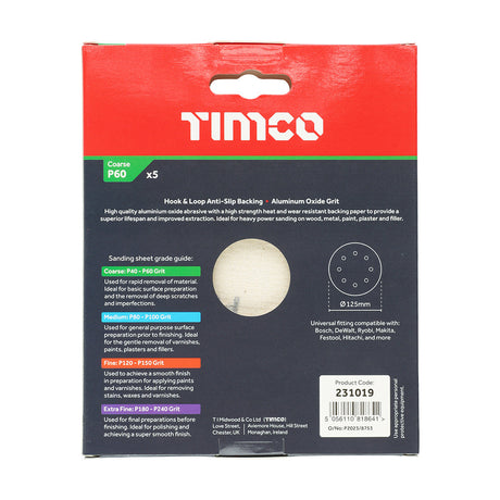 This is an image of Timco - Random Orbital Sanding Discs - 60 Grit - Red 125mm (5 Pieces Pack) 231019