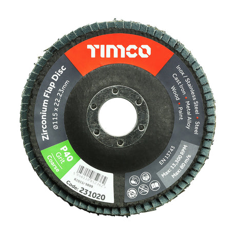 This is an image of Timco - Flap Disc - Zirconium - Type 29 Conical - P40 Grit 115 x 22.23 (1 Each Pack) 231020