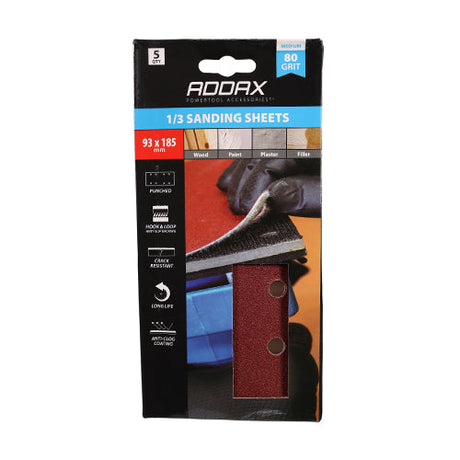 This is an image of Timco - 1/3 Sanding Sheets - 80 Grit - Red - Punched 93 x 185mm (5 Pieces Pack) 231050