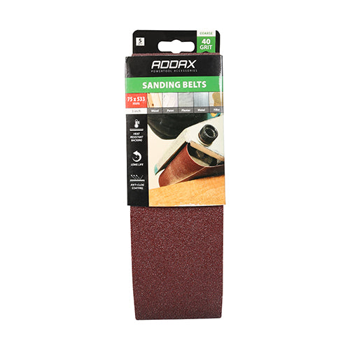 This is an image of Timco - Sanding Belts - 40 Grit - Red 75 x 533mm (5 Pieces Pack) 231069