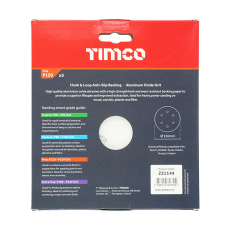 This is an image of Timco - Random Orbital Sanding Discs - 120 Grit - Red 150mm (5 Pieces Pack) 231144