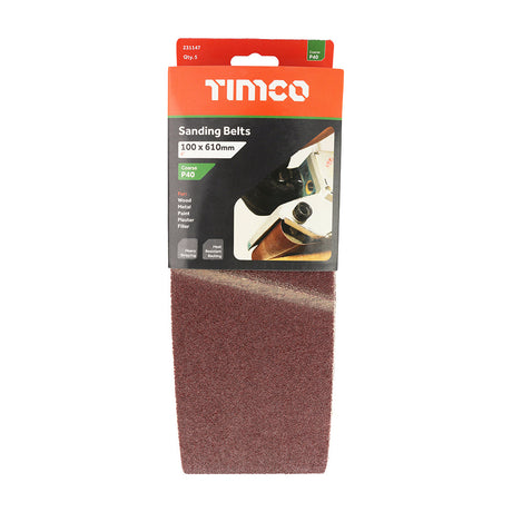 This is an image of Timco - Sanding Belts - 40 Grit - Red 100 x 610mm (5 Pieces Pack) 231147