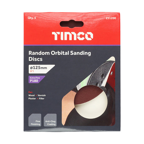This is an image of Timco - Random Orbital Sanding Discs - 180 Grit - Red 125mm (5 Pieces Pack) 231200