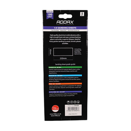 This is an image of Timco - 1/3 Sanding Sheets - 180 Grit - Red - Unpunched 93 x 230mm (5 Pieces Pack) 231222