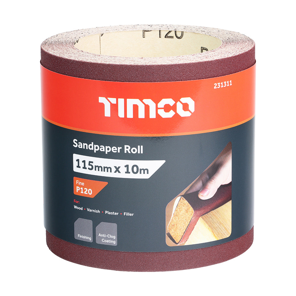 This is an image of Timco - Sandpaper Roll - 120 Grit - Red 115mm x 10m (1 Each Roll) 231311