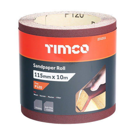 This is an image of Timco - Sandpaper Roll - 120 Grit - Red 115mm x 10m (1 Each Roll) 231311