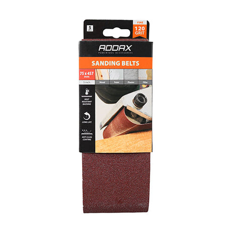 This is an image of Timco - Sanding Belts - 120 Grit - Red 75 x 457mm (5 Pieces Pack) 231321