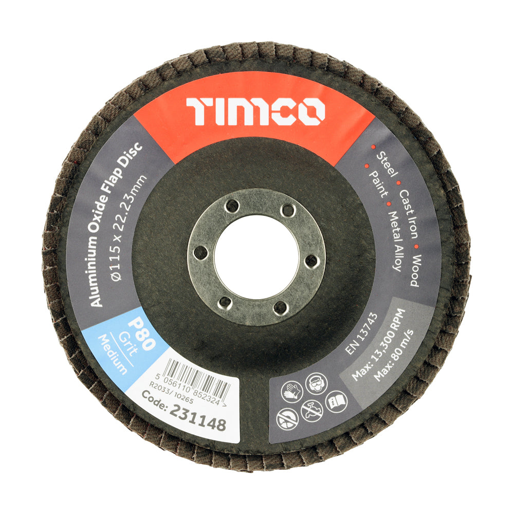 This is an image of Timco - Set of Flap Discs - Aluminium Oxide - Type 29 Conical - 80 Grit 115 x 22.23 (10 Pieces Pack) 231322