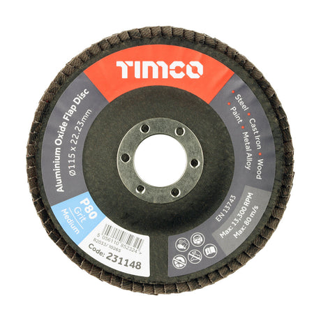 This is an image of Timco - Set of Flap Discs - Aluminium Oxide - Type 29 Conical - 80 Grit 115 x 22.23 (10 Pieces Pack) 231322